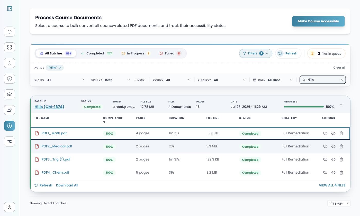 The expanded Hills batch listing four PDFs with compliance percentages, page counts, durations, status, and strategy