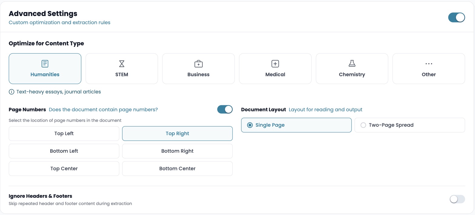The Advanced Settings panel with the content type row set to Humanities, the Page Numbers toggle on with Top Right selected, Document Layout set to Single Page, and Ignore Headers and Footers off