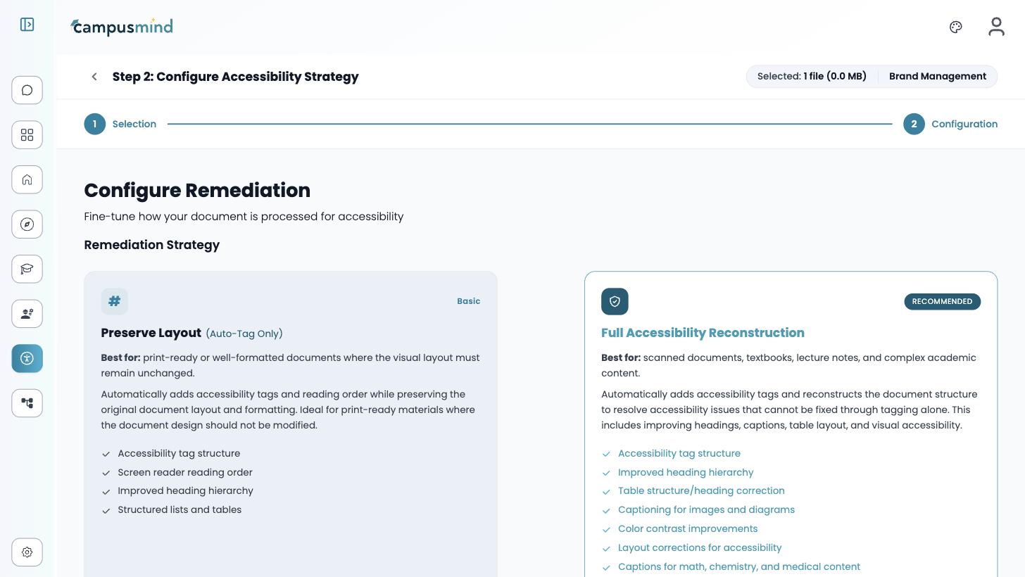 The Configure Remediation screen showing the Preserve Layout and Full Accessibility Reconstruction strategy cards side by side
