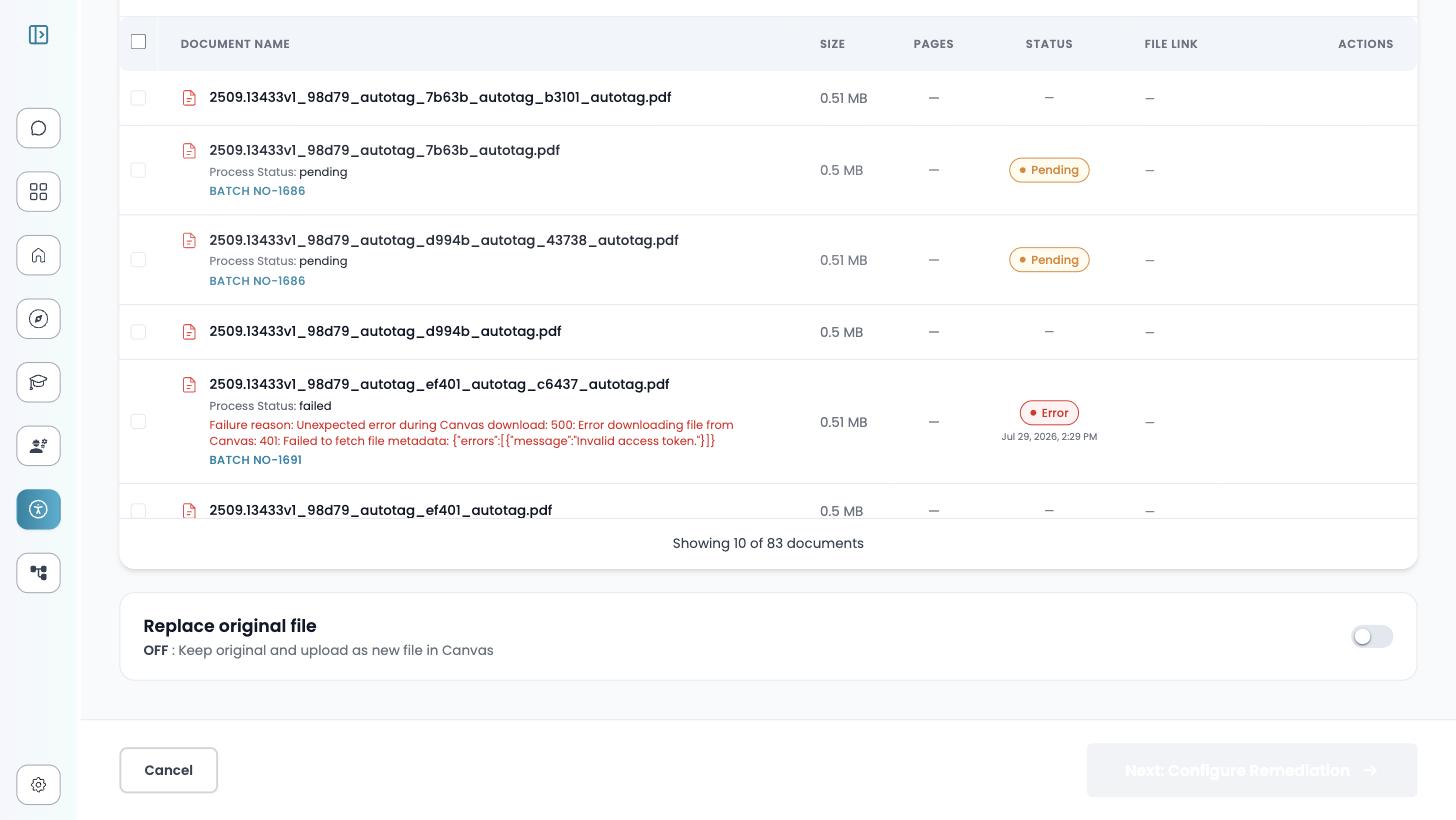 The foot of the course document list showing per-file statuses including a failed file with its failure reason, above the Replace original file toggle in the off position