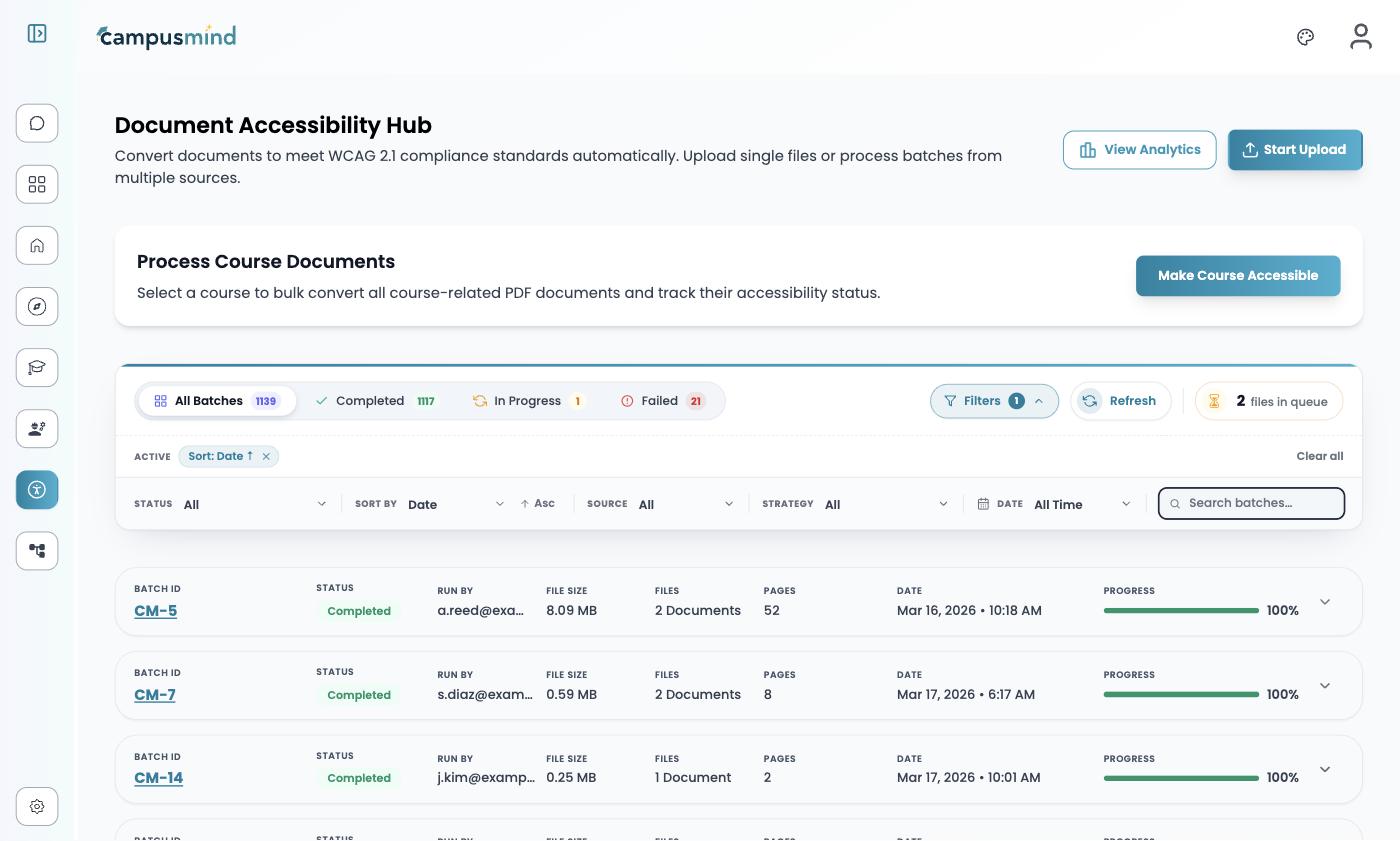 The Document Accessibility Hub with the Filters row expanded, showing status, sort, source, strategy, and date controls beside a batch search box, under status tabs for All Batches, Completed, In Progress, and Failed