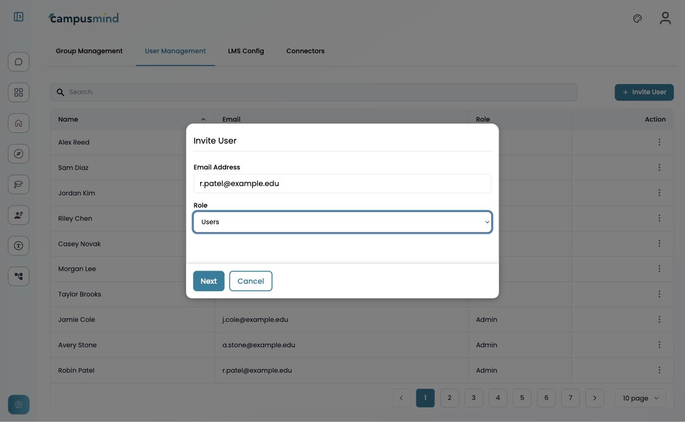 The Invite User dialog with an Email Address field filled in and the Role dropdown set to Users, above Next and Cancel buttons