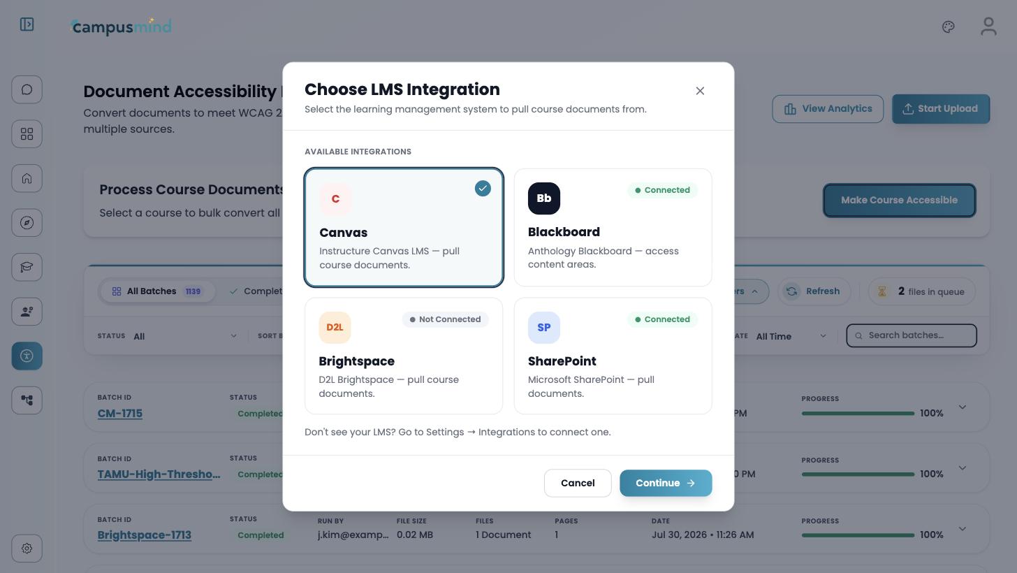 The Choose LMS Integration dialog showing Canvas selected, with Blackboard and SharePoint marked Connected and Brightspace marked Not Connected