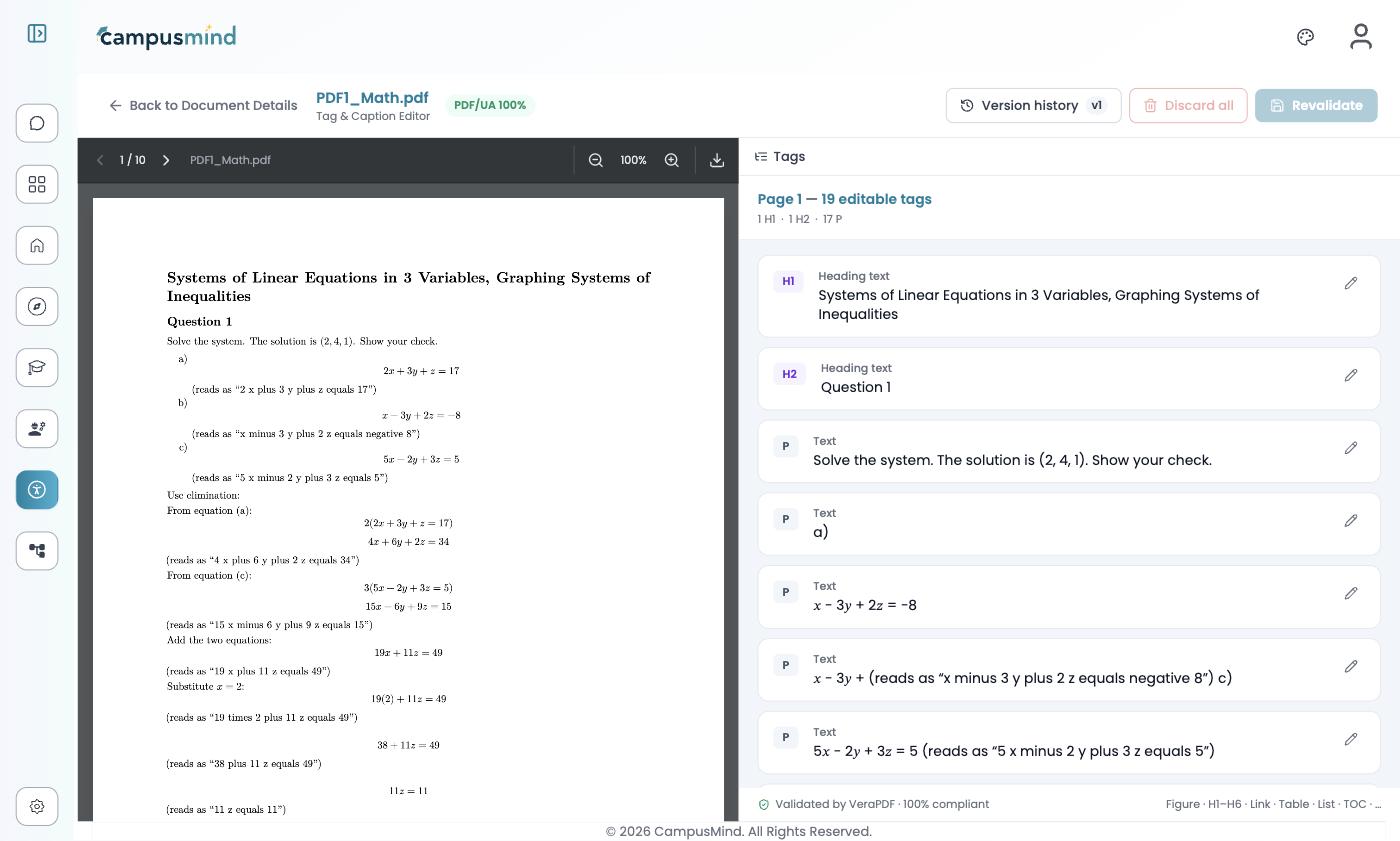The Tag and Caption Editor with the math document on the left and 19 editable tags on the right, including equations with spoken-form glosses
