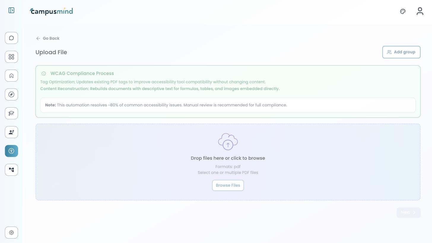 The Upload File screen with a drop zone reading Drop files here or click to browse, above a note that automation resolves about 80% of common accessibility issues